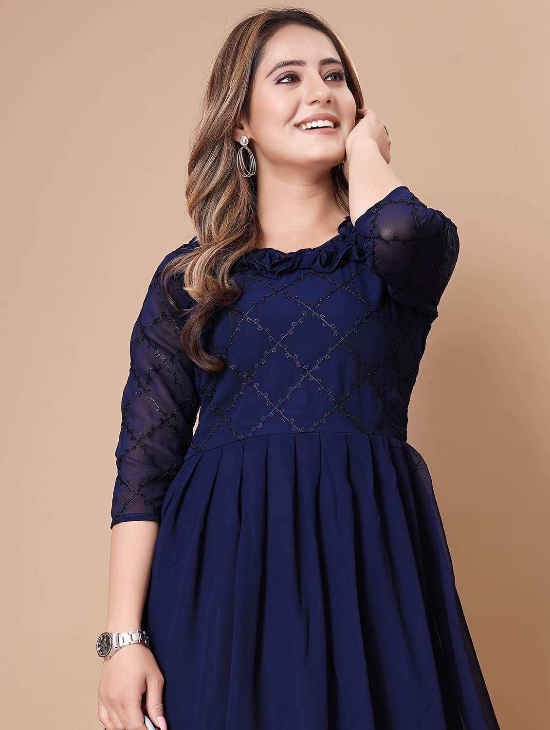 women embroidered three quarter sleeve fit & flare dress - 22112351 -  Standard Image - 4