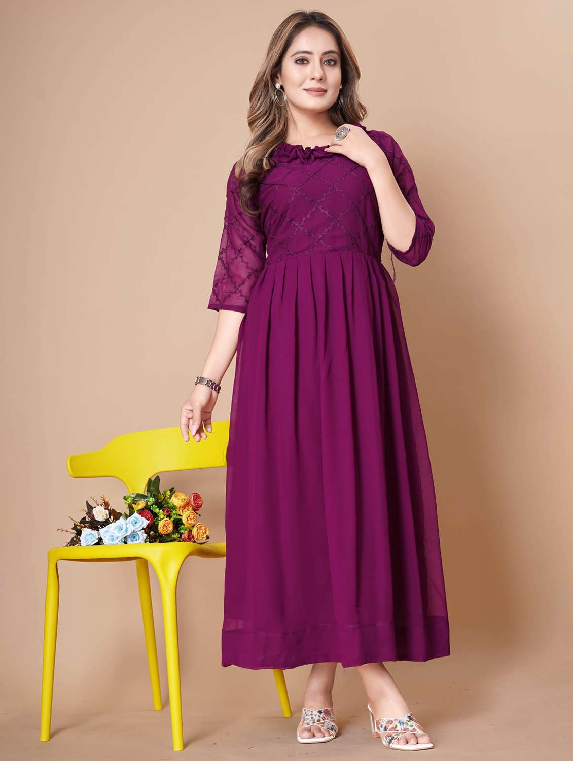 women embroidered three quarter sleeve fit & flare dress