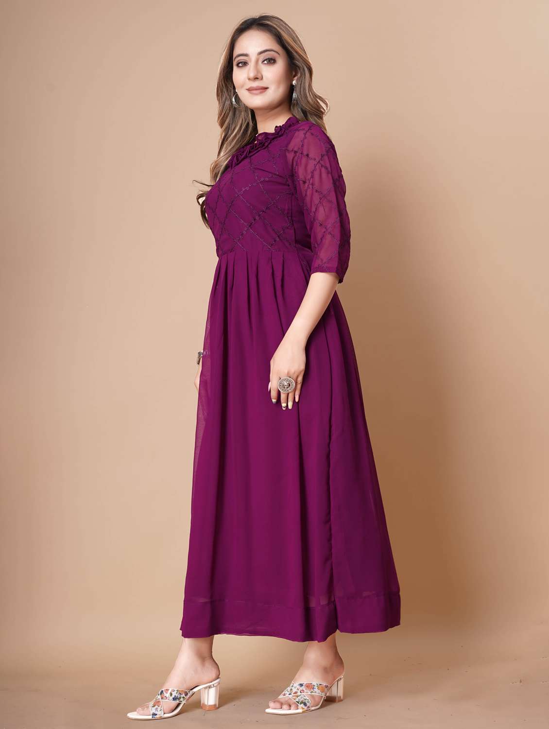 women embroidered three quarter sleeve fit & flare dress - 22112352 -  Standard Image - 1