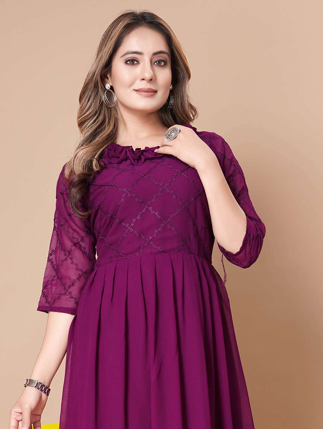 women embroidered three quarter sleeve fit & flare dress - 22112352 -  Standard Image - 4