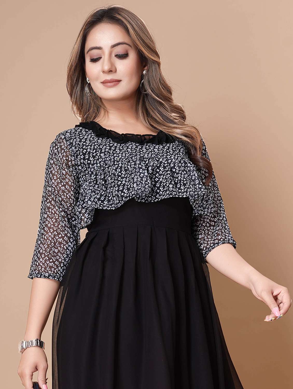 women printed three quarter sleeve tiered dress - 22112353 -  Standard Image - 4