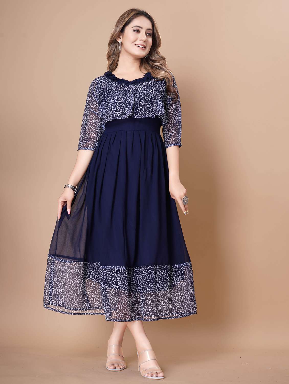 women printed three quarter sleeve tiered dress - 22112354 -  Standard Image - 1