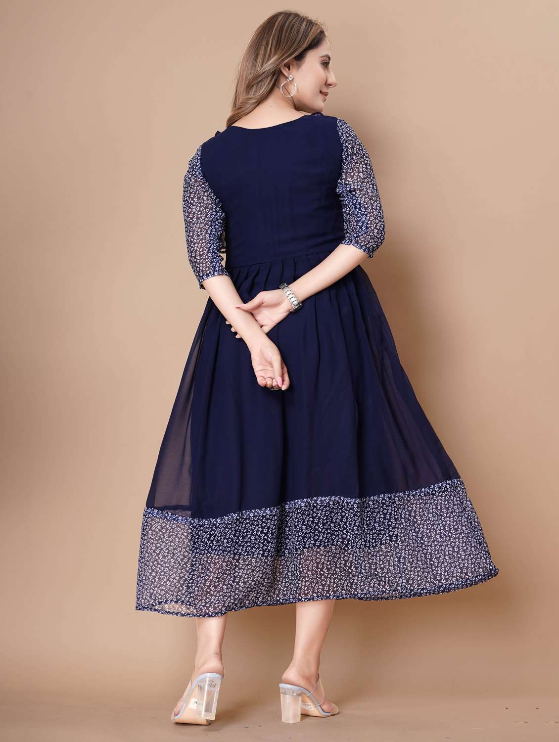 women printed three quarter sleeve tiered dress - 22112354 -  Standard Image - 4