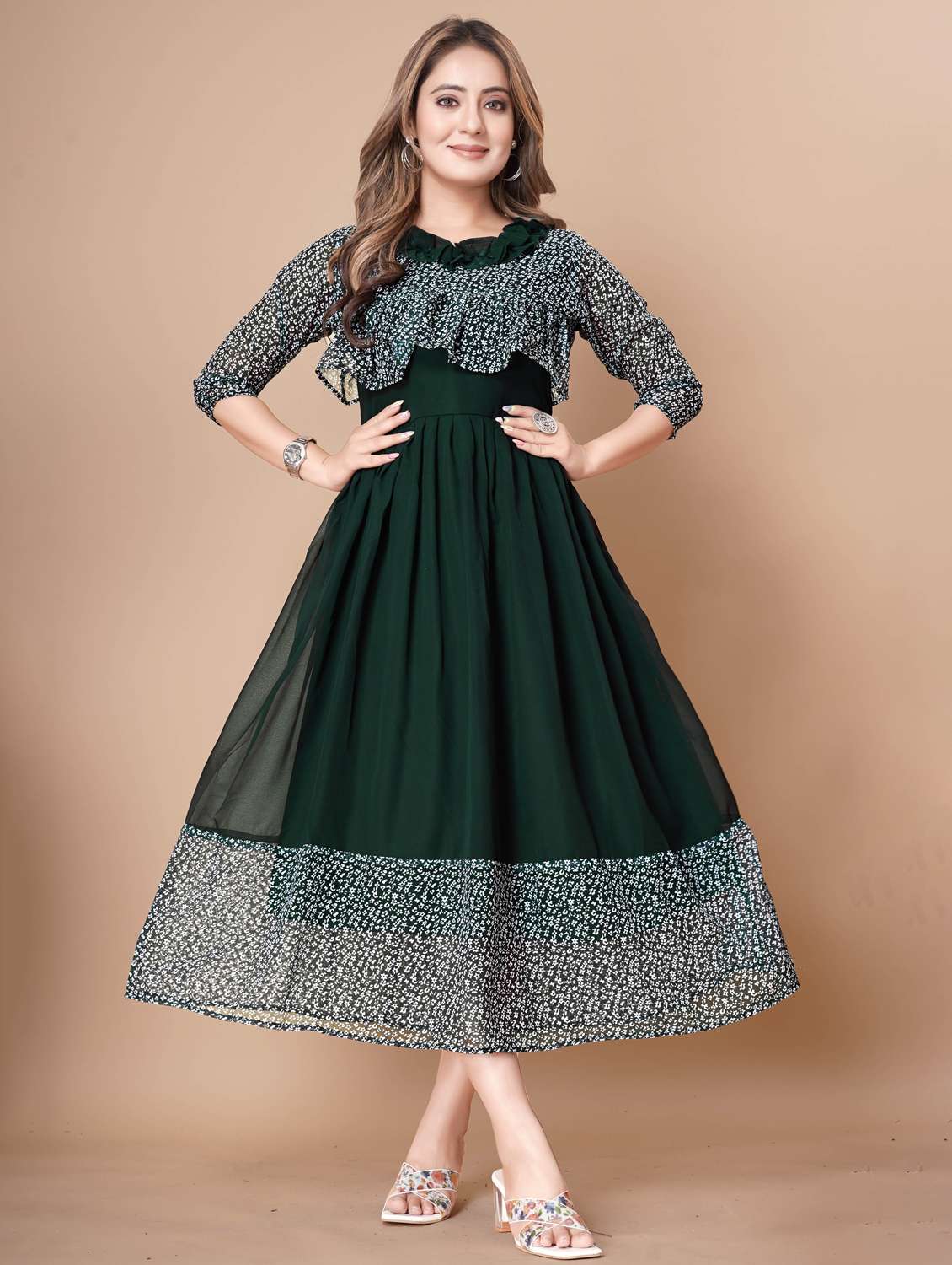 women printed three quarter sleeve tiered dress - 22112355 -  Standard Image - 4