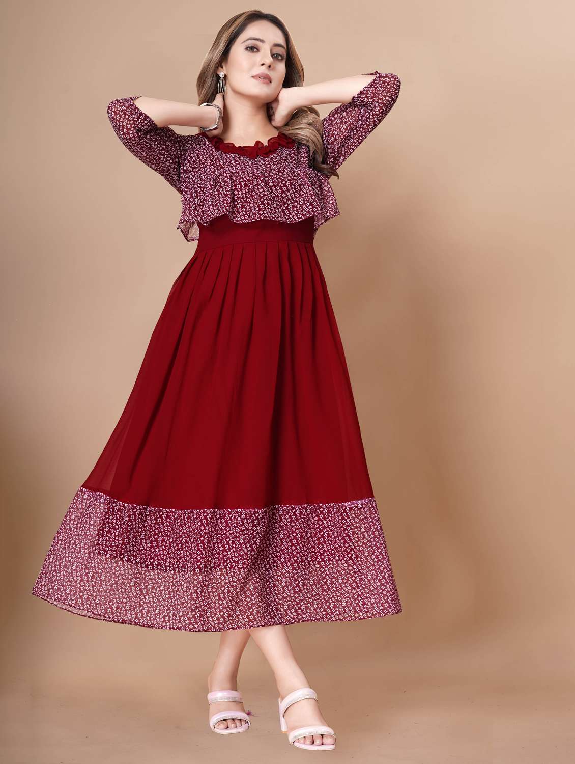 women printed three quarter sleeve tiered dress - 22112356 -  Standard Image - 1