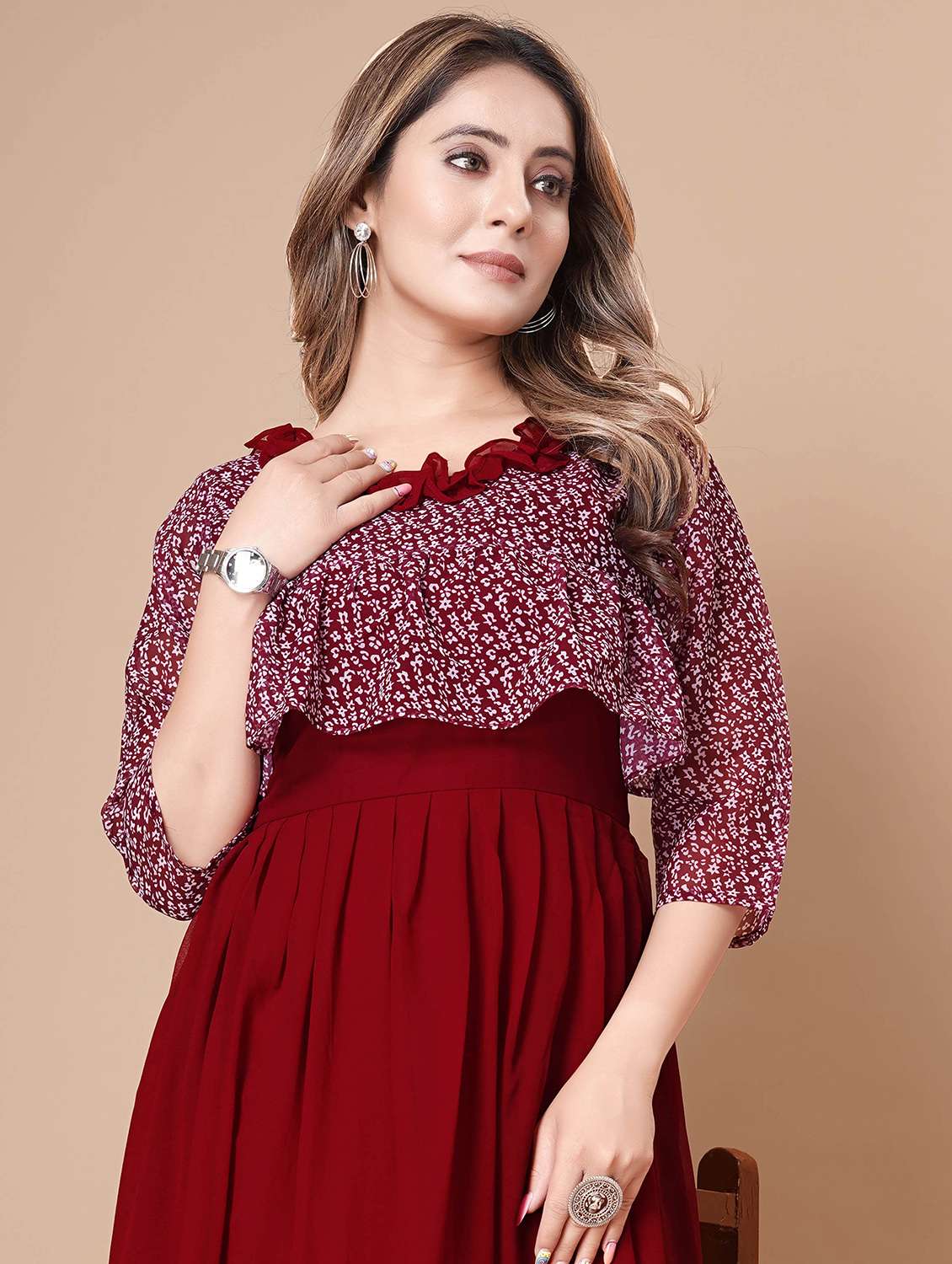 women printed three quarter sleeve tiered dress - 22112356 -  Standard Image - 4