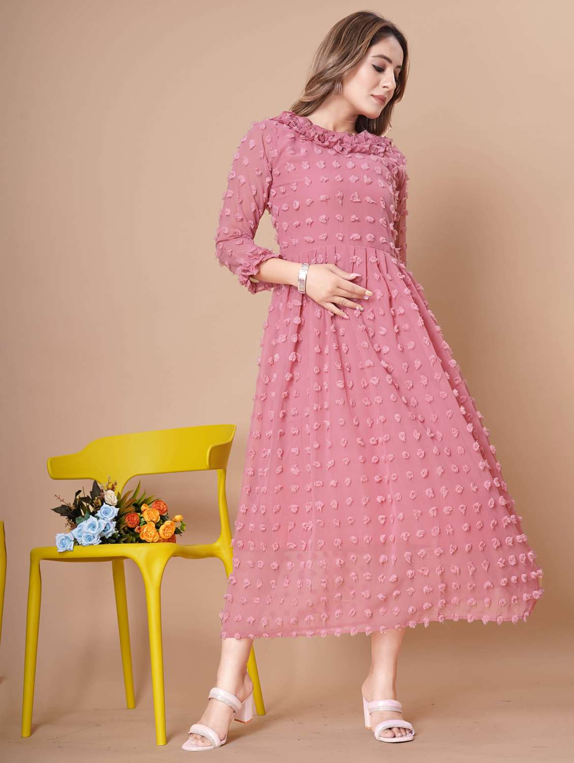 women self designed three quarter sleeve dress