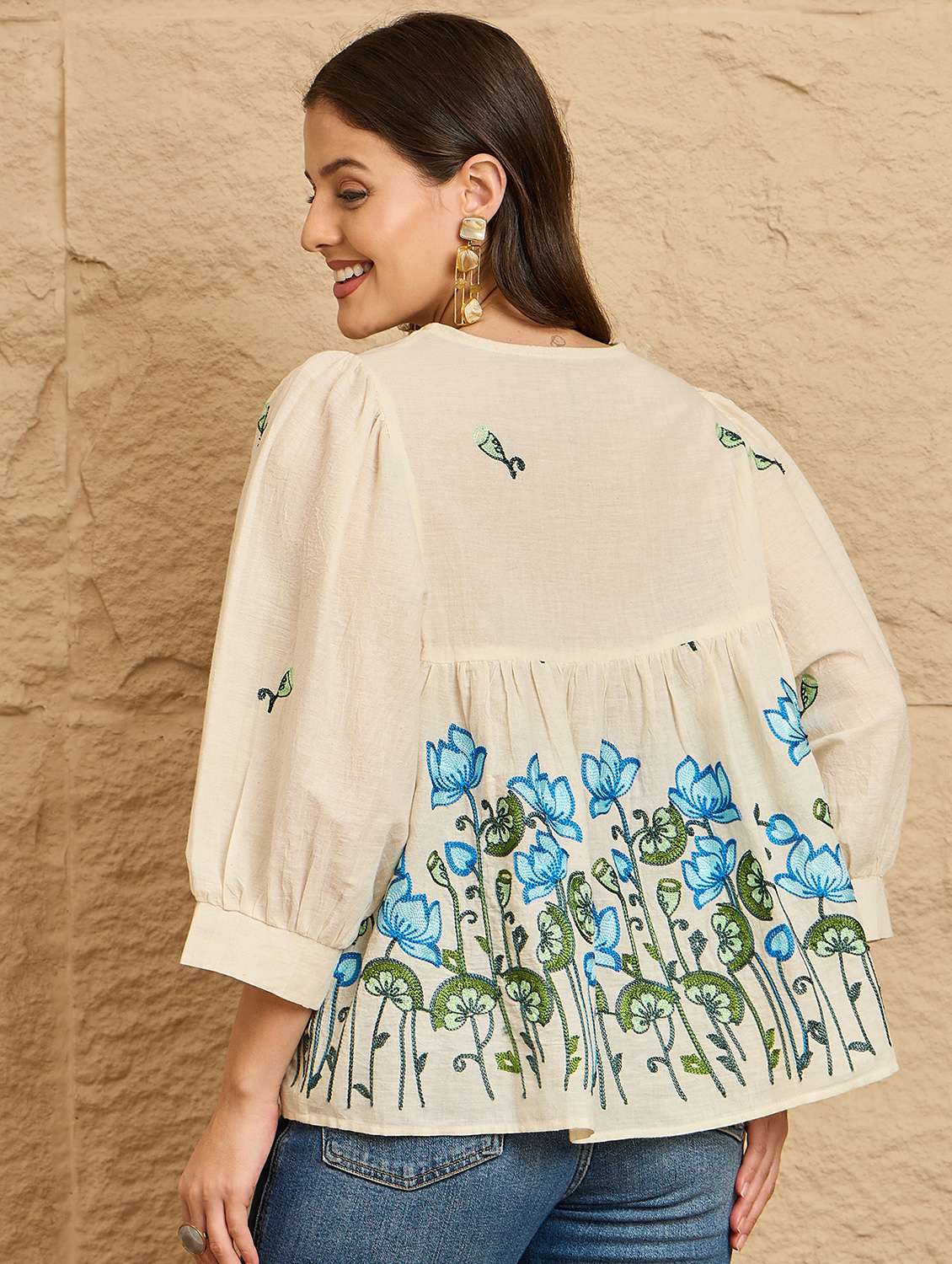 women embroidered puff sleeve a-line top  - 22112490 -  Standard Image - 4