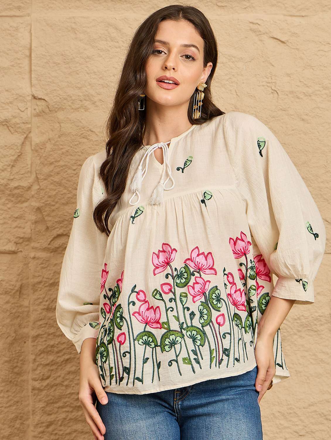 women embroidered puff sleeve a-line top  - 22112491 -  Standard Image - 1