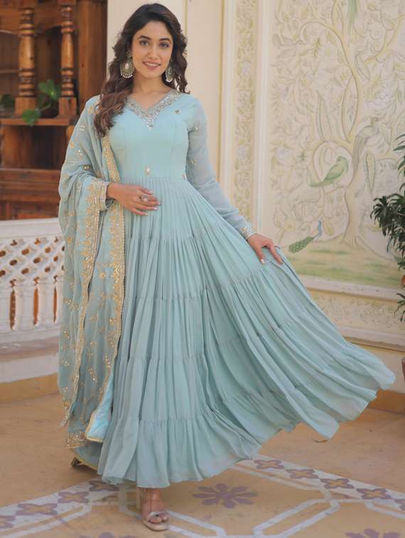 women solid with work long sleeve kurta dupatta set