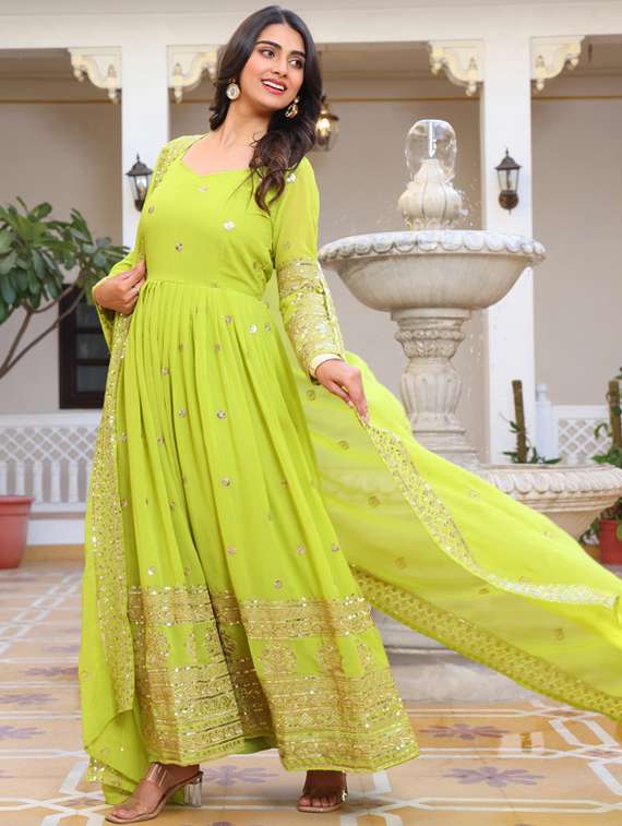 women solid with work long sleeve kurta dupatta set - 22112638 -  Standard Image - 1