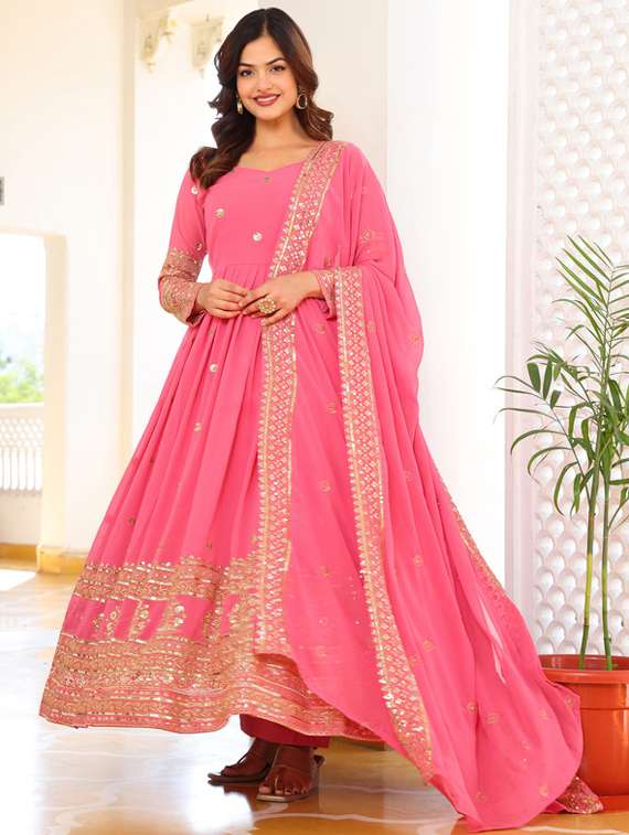 women solid with work long sleeve kurta dupatta set - 22112639 -  Standard Image - 1