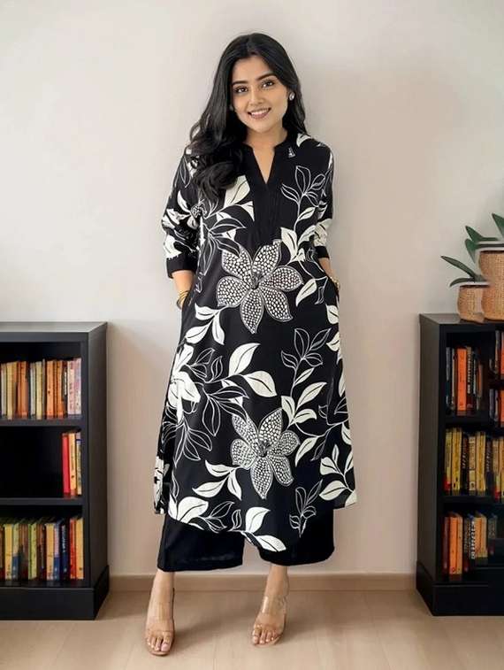 women floral three quarter sleeve kurta palazzo set - 22112643 -  Standard Image - 4