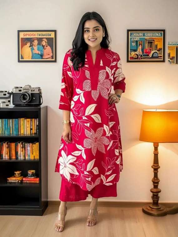 women floral three quarter sleeve kurta palazzo set - 22112645 -  Standard Image - 1