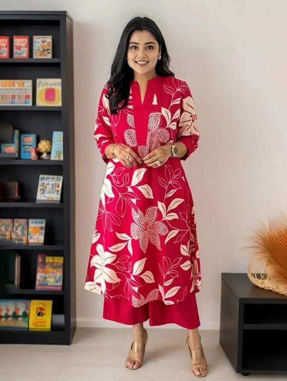 women floral three quarter sleeve kurta palazzo set - 22112645 -  Standard Image - 4