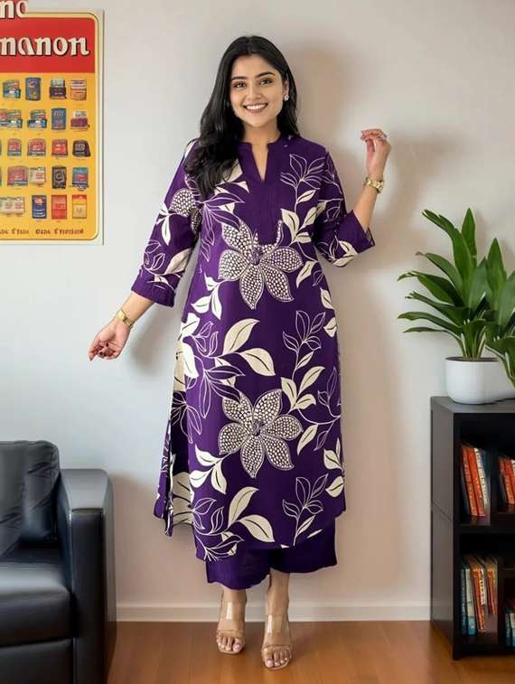 women floral three quarter sleeve kurta palazzo set - 22112646 -  Standard Image - 4