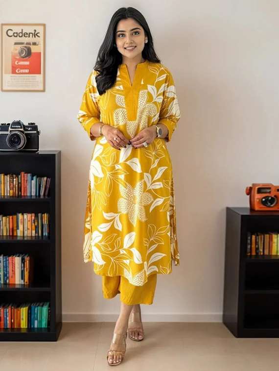 women floral three quarter sleeve kurta palazzo set