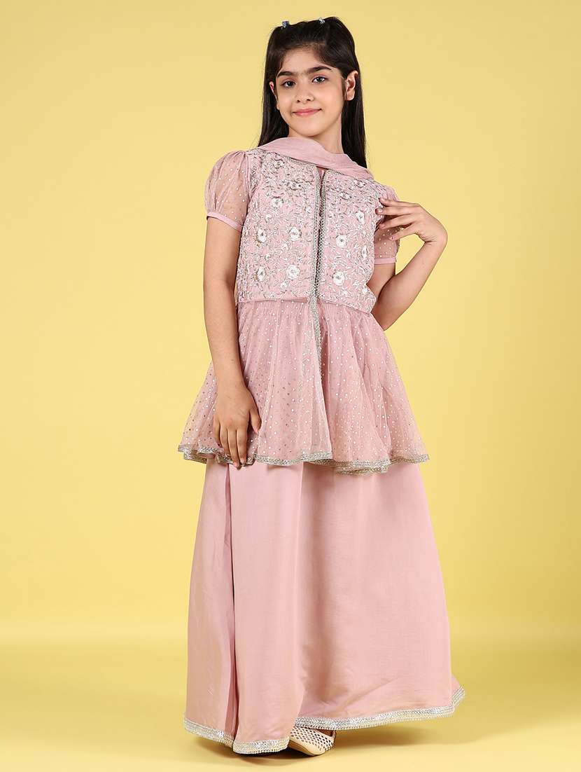 girls solid with work short sleeve kurta skirt with dupatta set