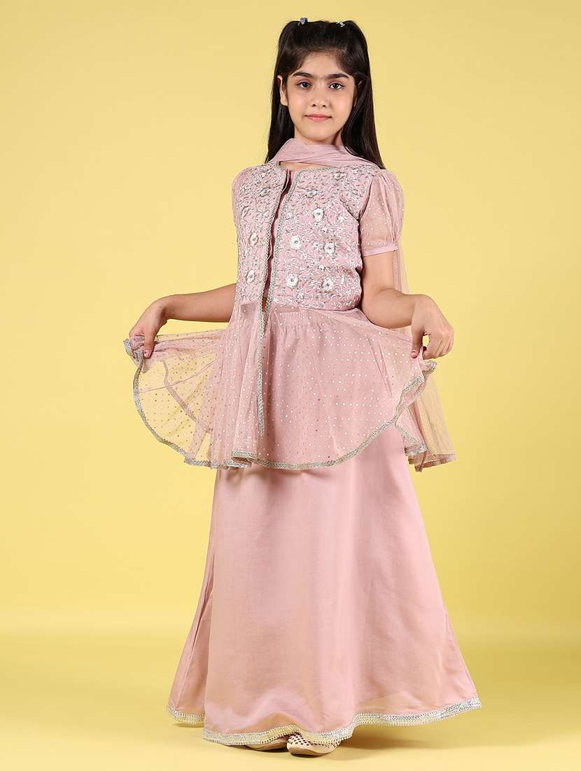 girls solid with work short sleeve kurta skirt with dupatta set - 22126858 -  Standard Image - 1