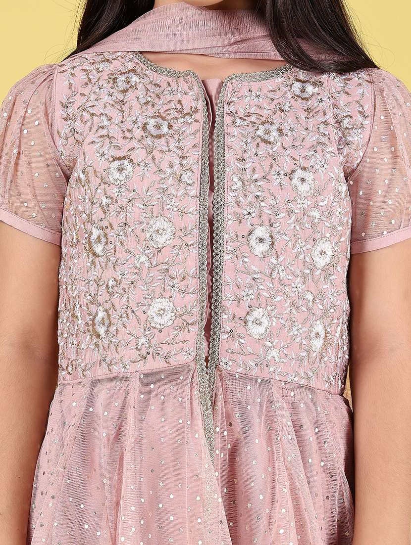 girls solid with work short sleeve kurta skirt with dupatta set - 22126858 -  Standard Image - 4