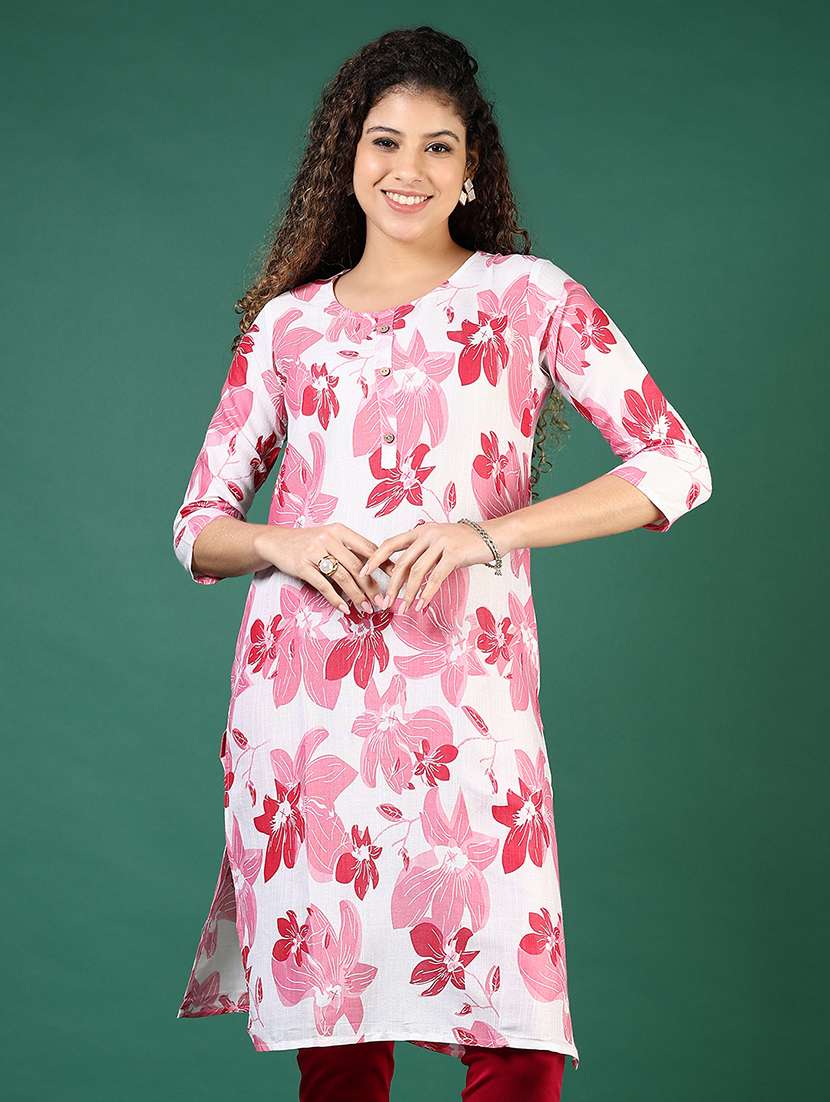 women floral printed three quarter sleeve straight kurta