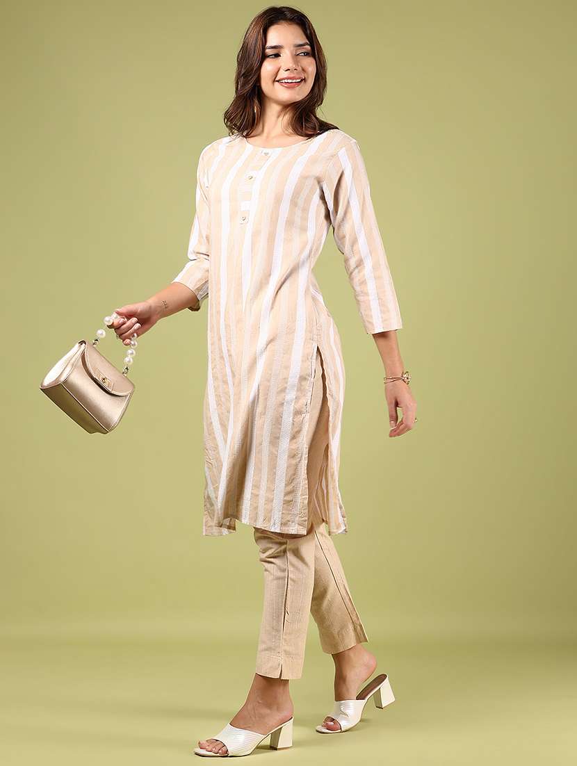 women striped three quarter sleeve straight kurta - 22127695 -  Standard Image - 4