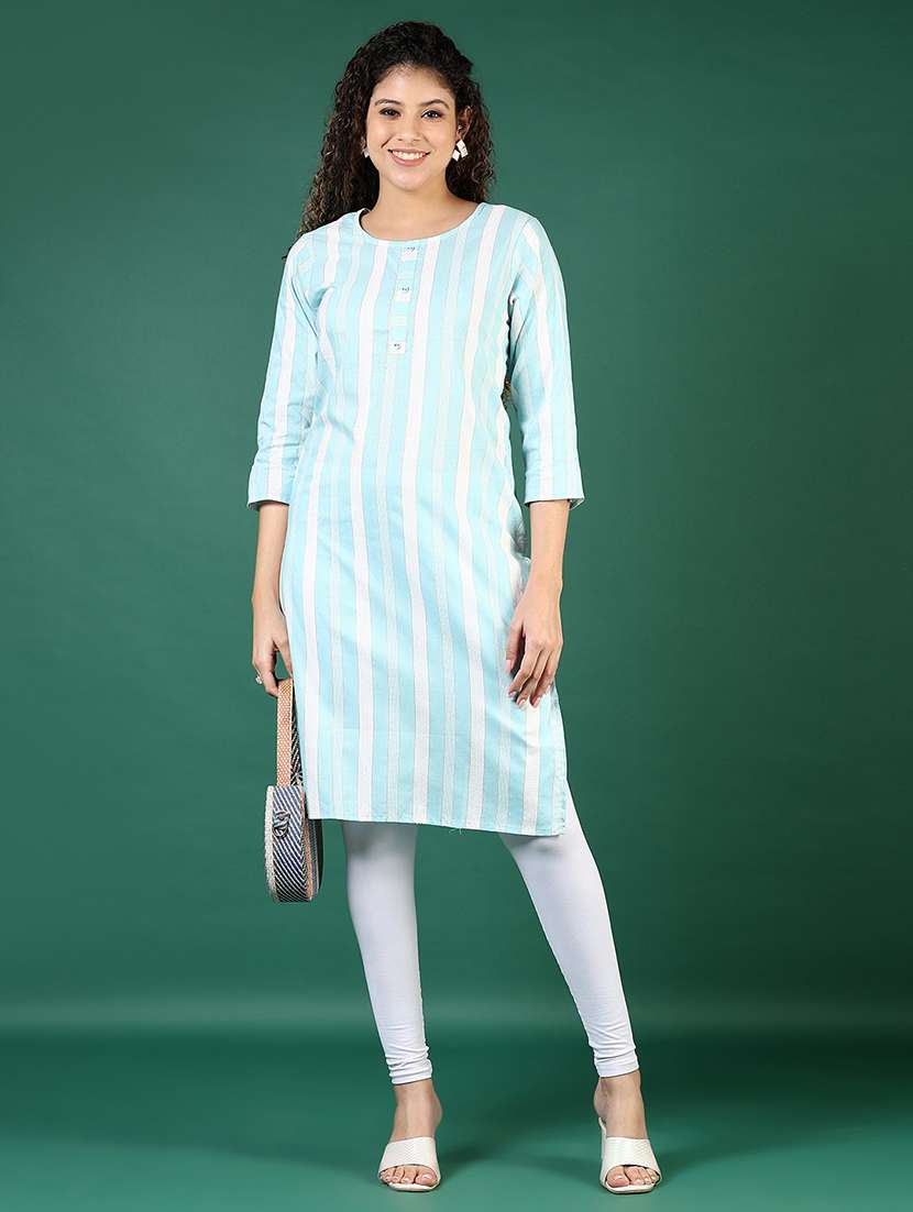 women striped three quarter sleeve straight kurta - 22127696 -  Standard Image - 4