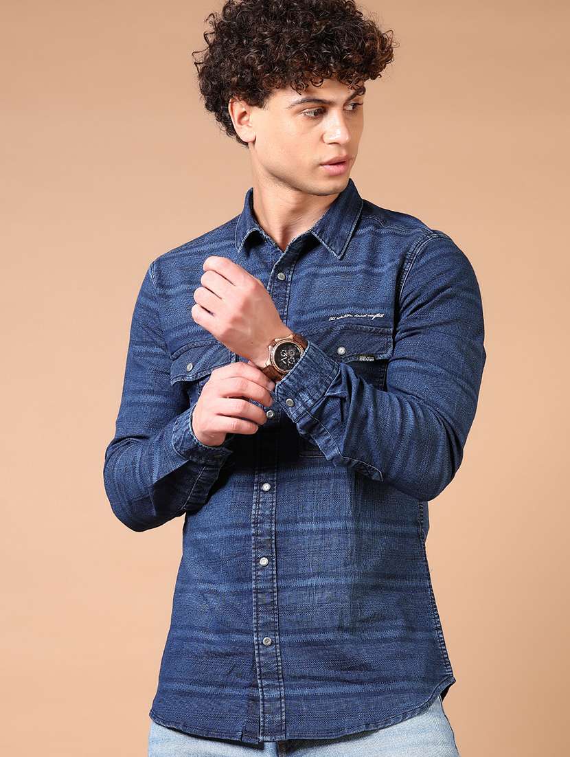 men striped long sleeve slim fit casual shirt