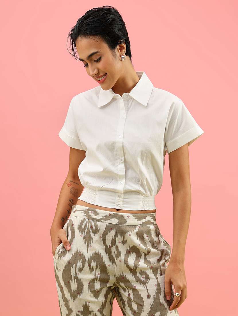 women solid collared short sleeve crop shirt - 22130192 -  Standard Image - 1