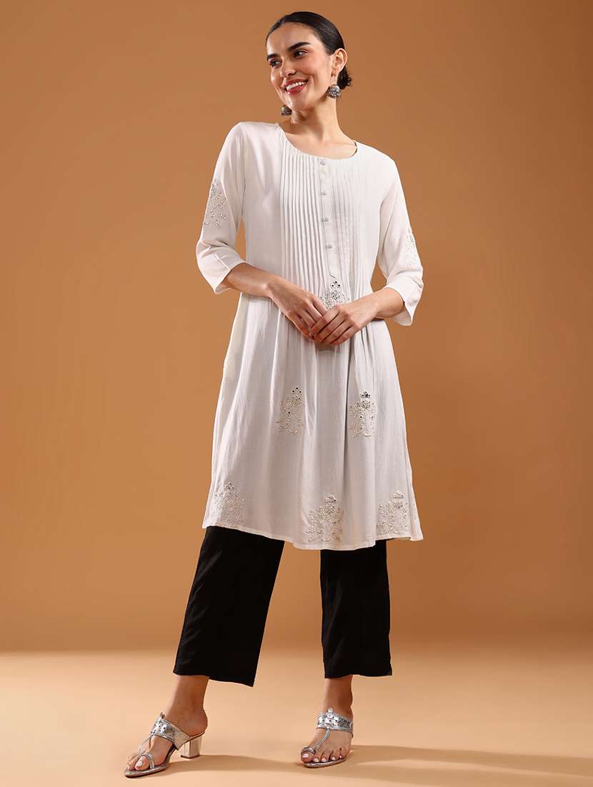 women solid three quarter sleeve a-line kurta - 22130240 -  Standard Image - 1
