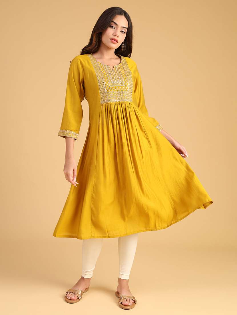 women embroidered three quarter sleeve a-line kurta - 22130242 -  Standard Image - 1