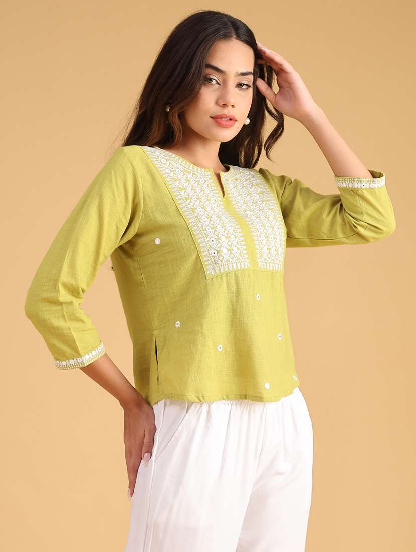 women solid with work notch neck top - 22130595 -  Standard Image - 1