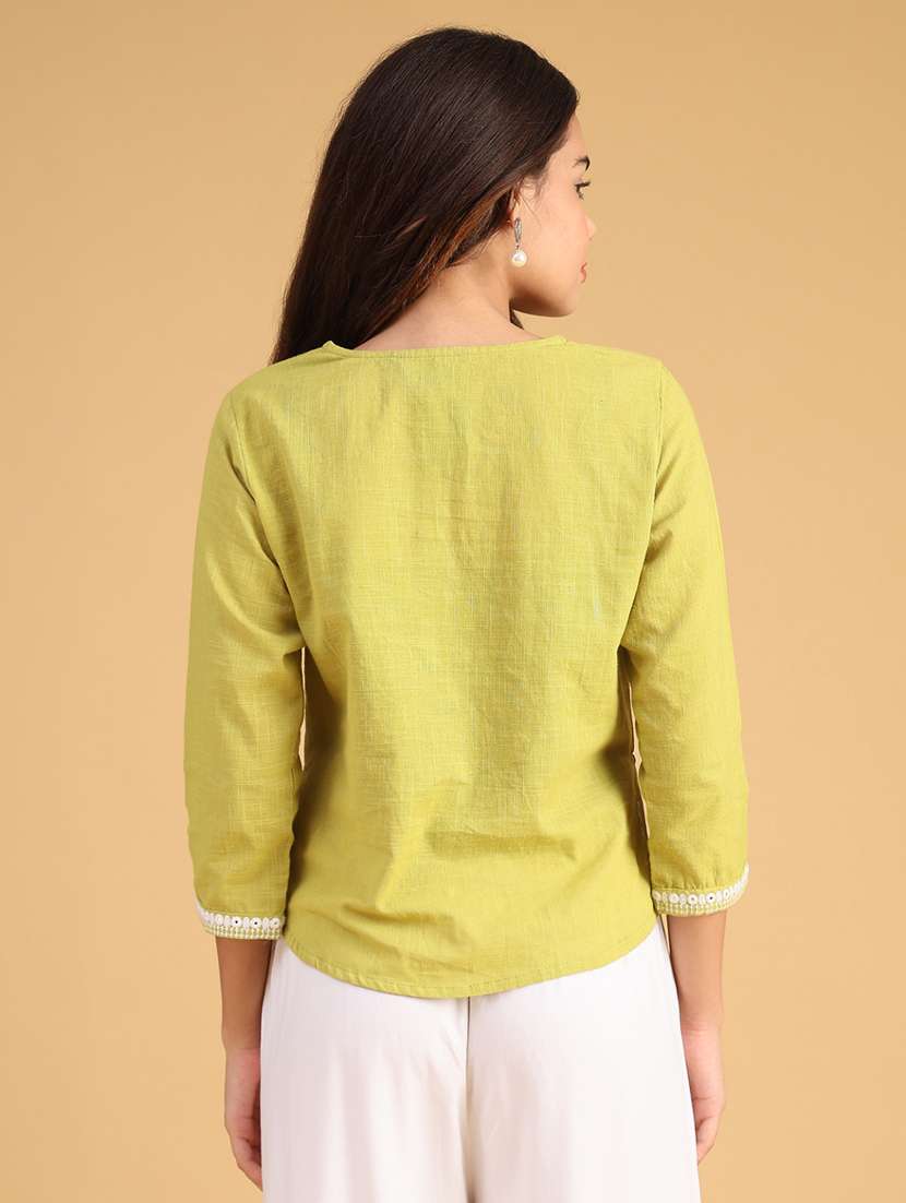 women solid with work notch neck top - 22130595 -  Standard Image - 4