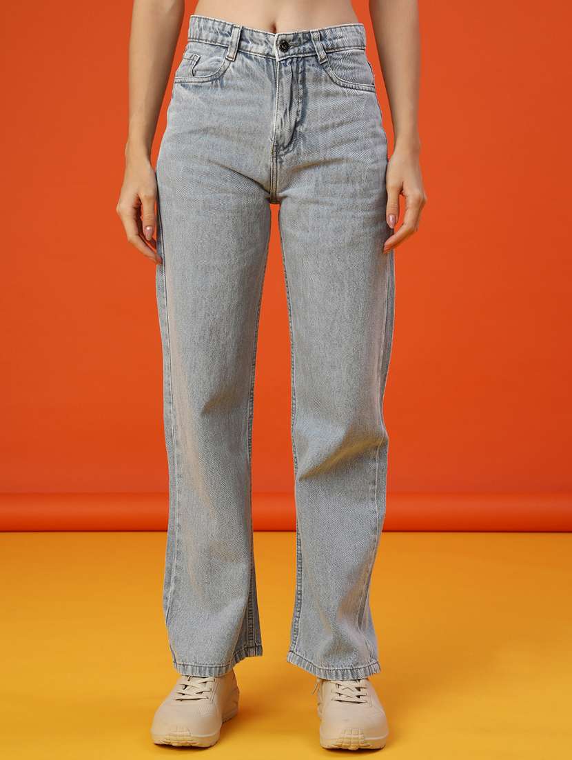 women plain mid rise straight fit jeans