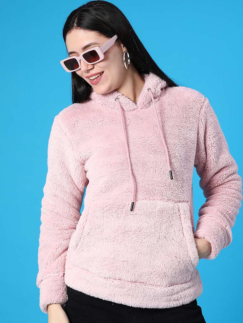 women solid long sleeve hooded fur sweatshirt