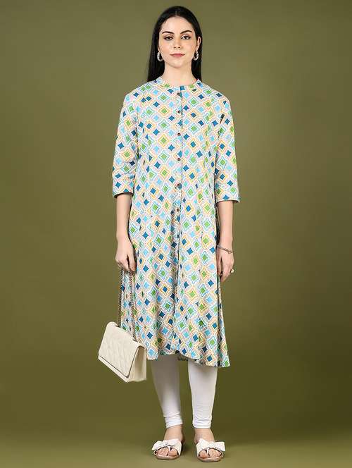 women solid with work three quarter sleeve a-line kurta - 22136615 -  Standard Image - 0