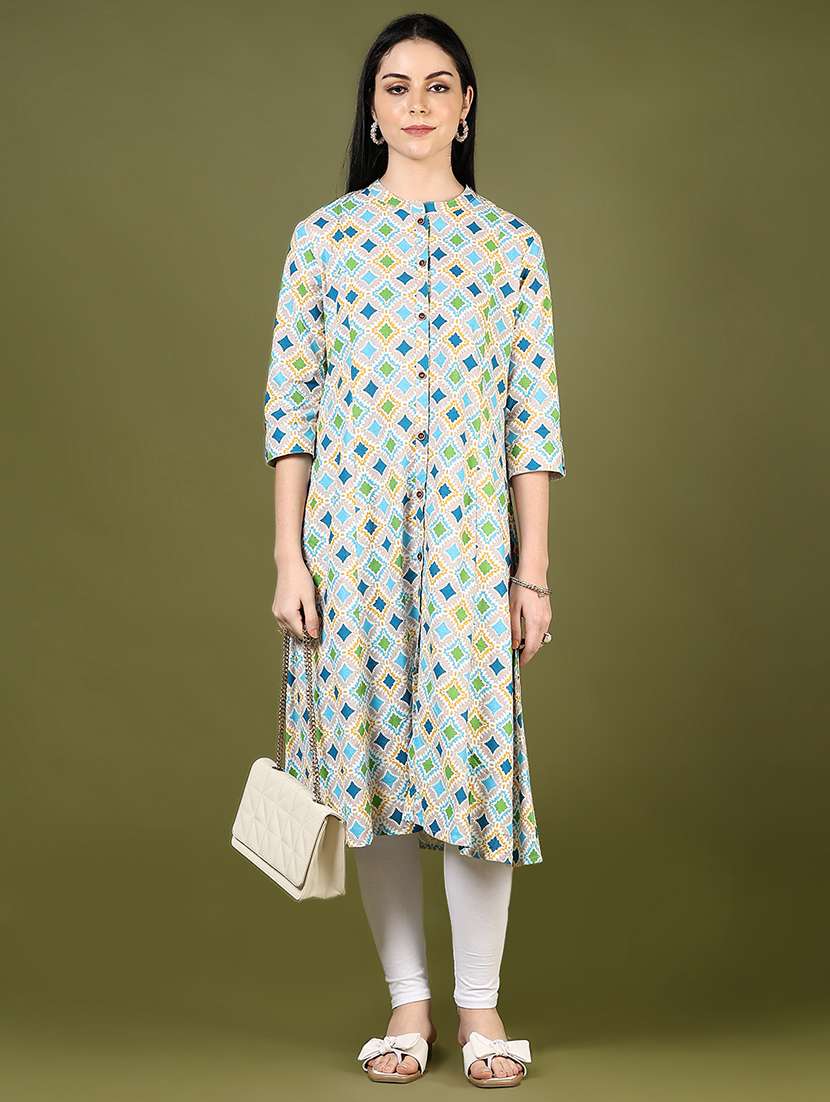 women solid with work three quarter sleeve a-line kurta