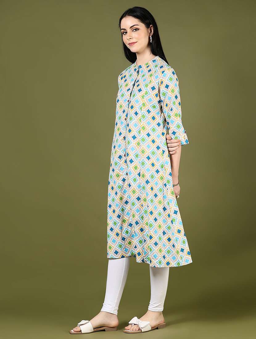 women solid with work three quarter sleeve a-line kurta - 22136615 -  Standard Image - 1