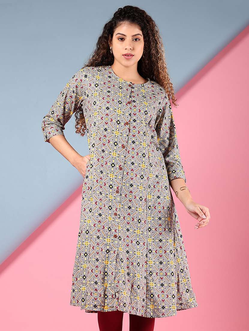 women printed three quarter sleeve a-line kurta