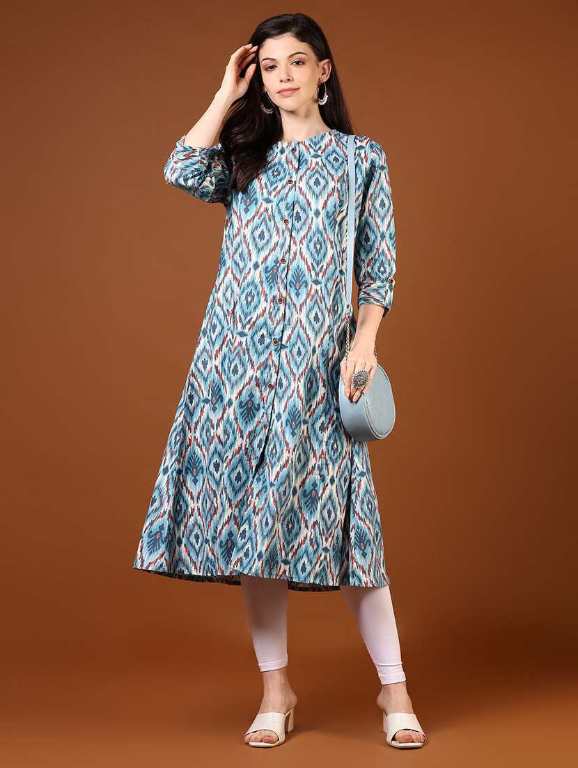 women printed three quarter sleeve a-line kurta