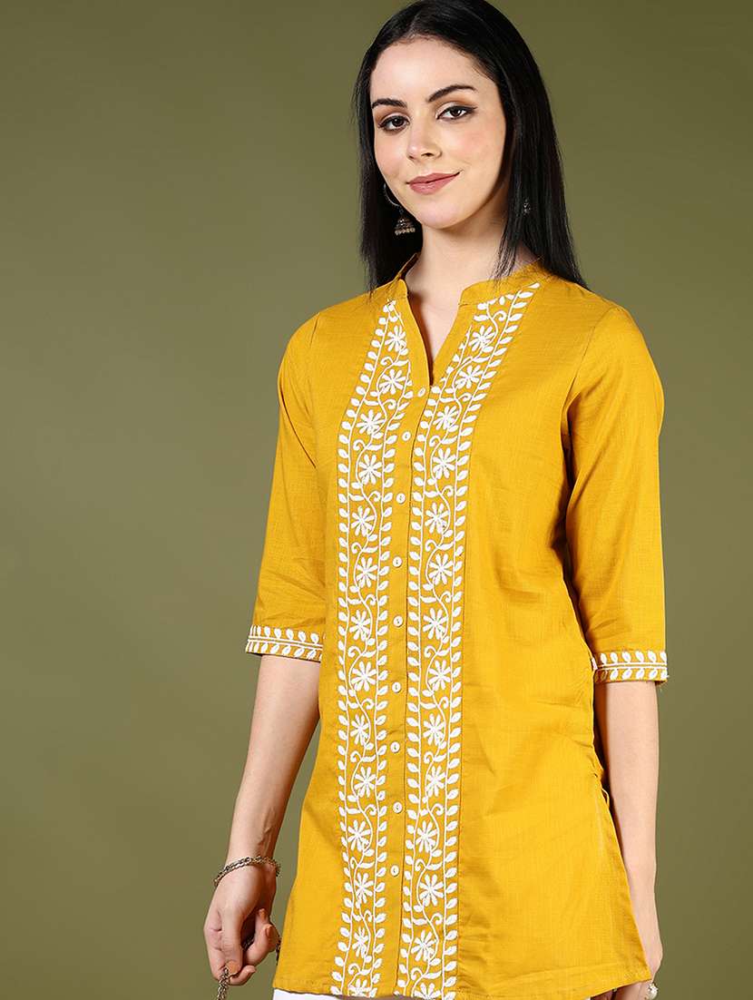 women solid with work three quarter sleeve straight kurti - 22136935 -  Standard Image - 1