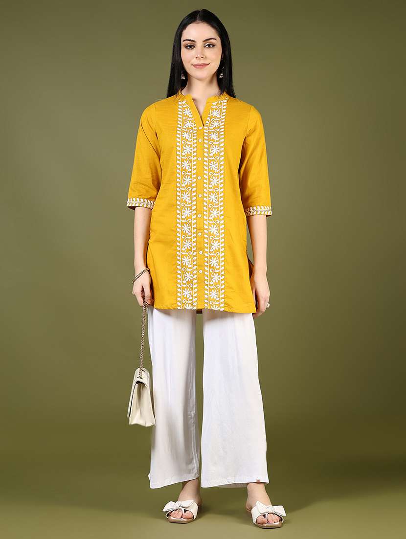 women solid with work three quarter sleeve straight kurti - 22136937 -  Standard Image - 4