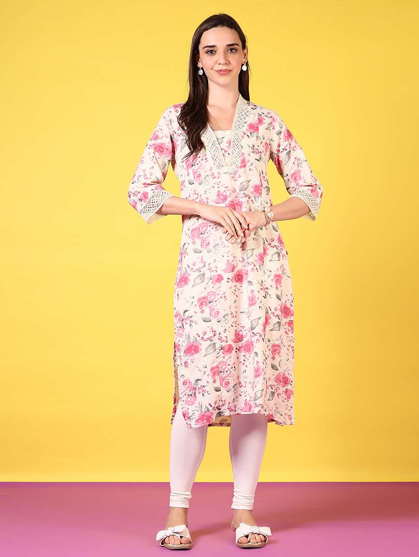 women floral printed three quarter sleeve straight kurta - 22136955 -  Standard Image - 1
