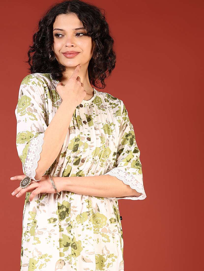 women floral printed three quarter sleeve straight kurta - 22136956 -  Standard Image - 4
