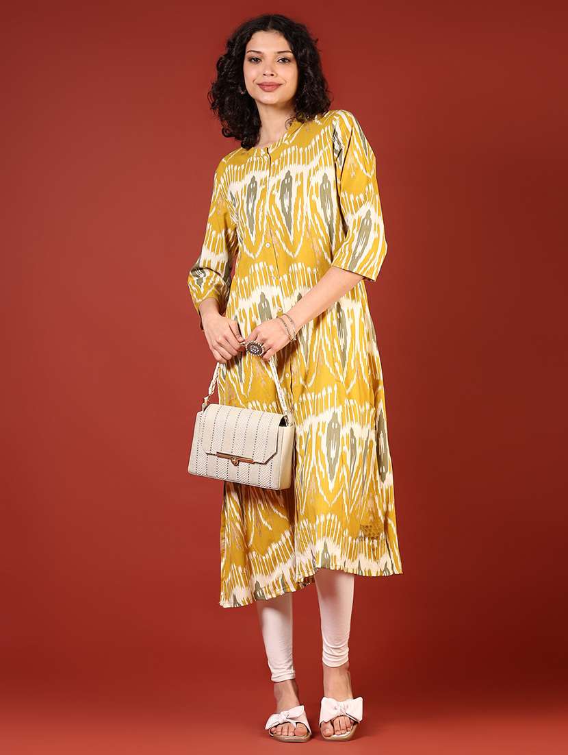 women ikat printed three quarter sleeve a-line kurta