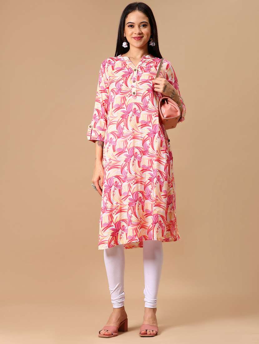 women floral printed three quarter sleeve straight kurta - 22137071 -  Standard Image - 1