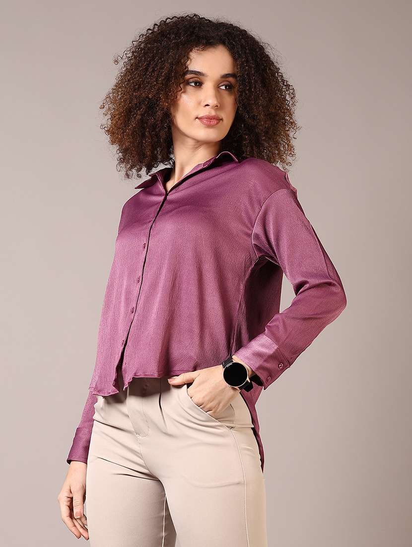 women solid collared long sleeve shirt - 22137118 -  Standard Image - 1
