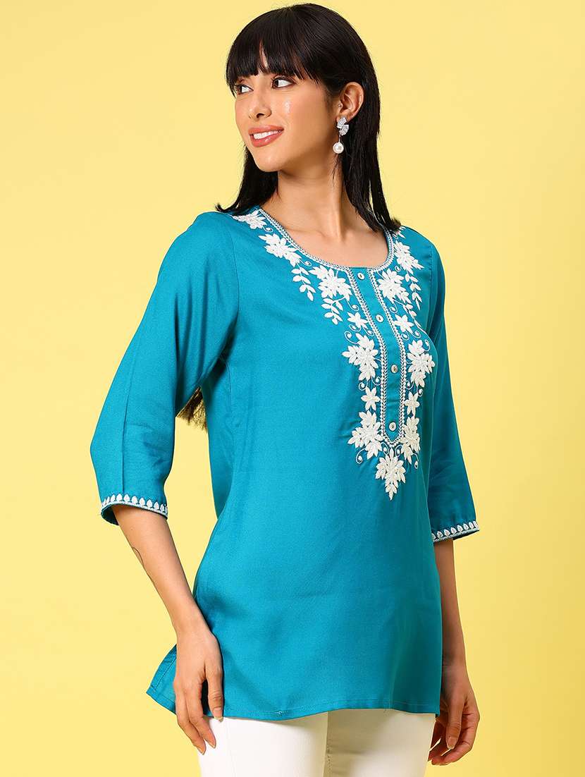 women solid with work three quarter sleeve straight kurti - 22138004 -  Standard Image - 1