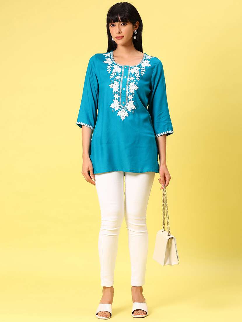 women solid with work three quarter sleeve straight kurti - 22138004 -  Standard Image - 4
