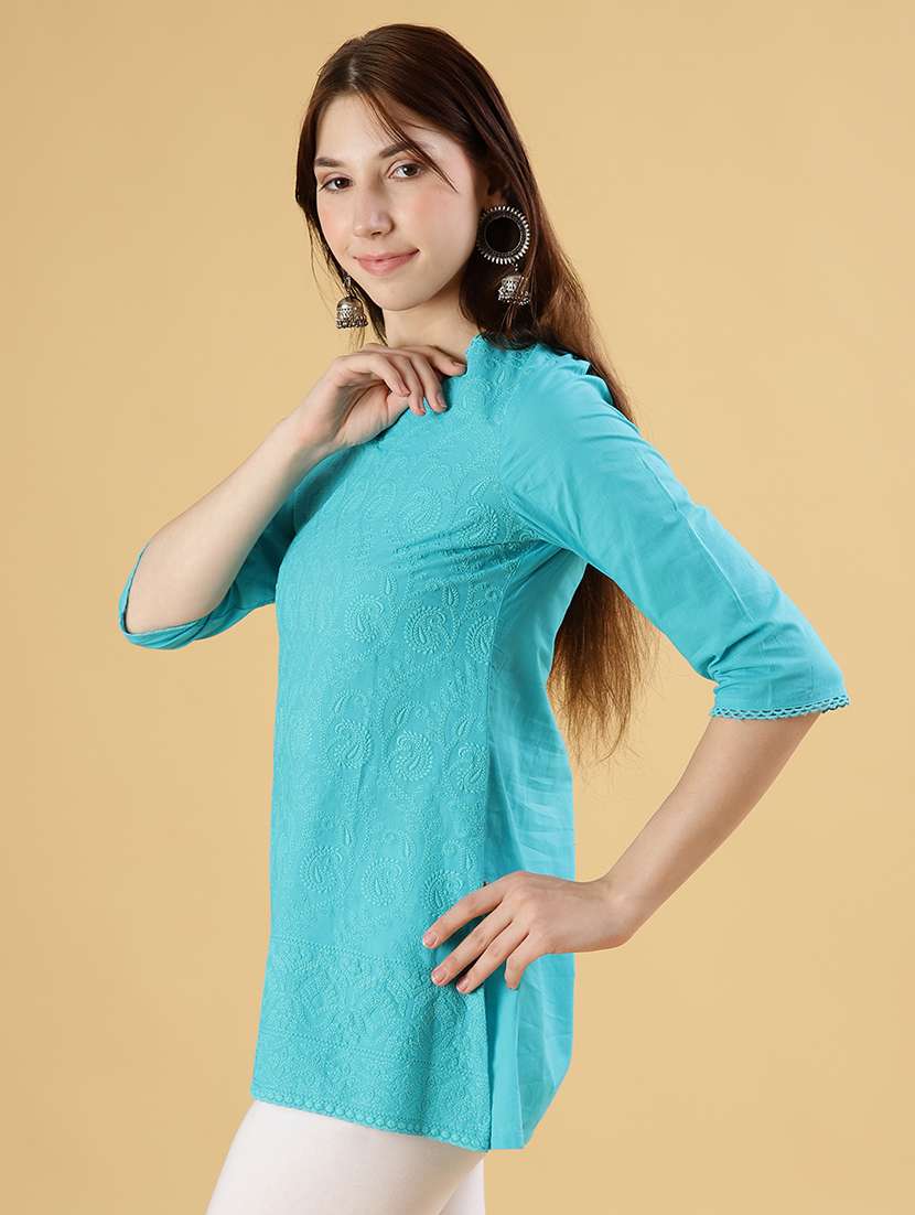 women solid with work three quarter sleeve straight kurti - 22138130 -  Standard Image - 1